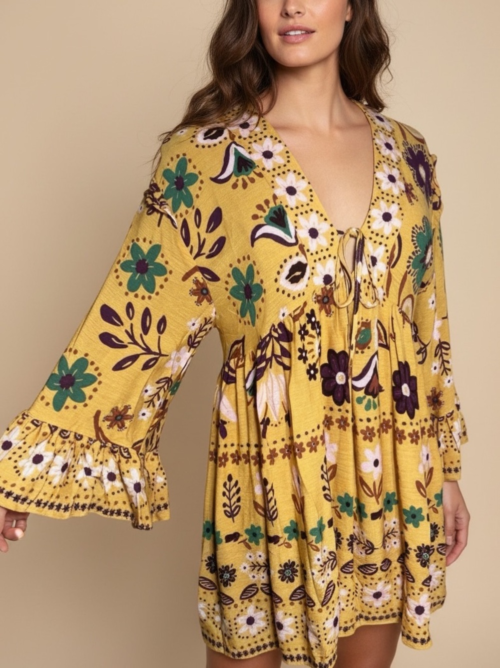 Easel NWT Boho Mustard Yellow Floral Babydoll Swing Tunic Top - Size Small